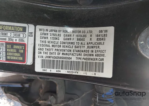2009 Honda Civic Hybrid from USA, damaged, VIN JHMFA36259S002604